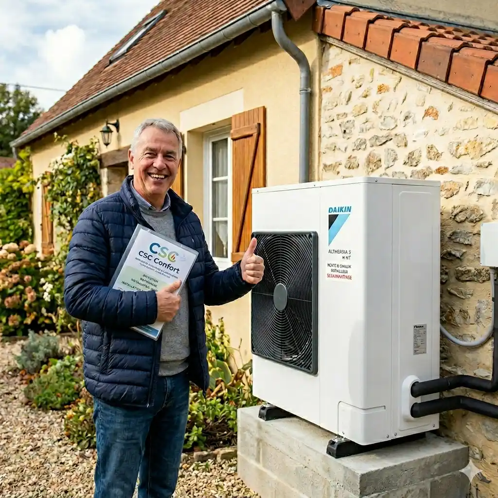 Installateur CSC Confort RGE QualiPAC devant une pompe à chaleur Daikin Altherma installée chez un particulier dans la Somme